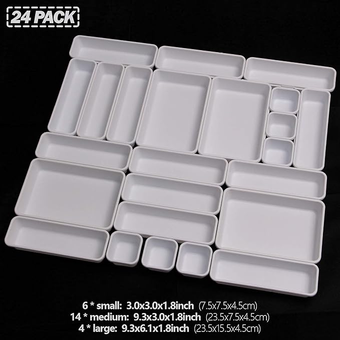 Set of 24 Interlocking Desk Drawer Organizer Tray Dividers Plastic Shallow Narrow Drawers Organizers Separators Storage Bins Container for Kitchen Bathroom Makeup Office Vanity Bedroom Dresser White