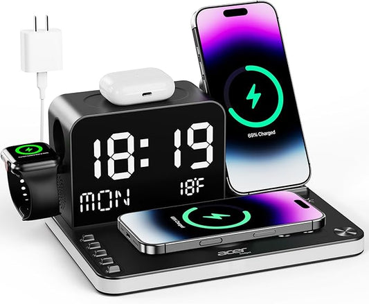 acer 7-in-1 Wireless Charging Station: Charger Stand for Multiple Devices for Apple - iPhone 16 15 14 13 12 Pro Max Apple Watch Airpods, Wireless Charger iPhone Charging Station with Bluetooth TimeSyn