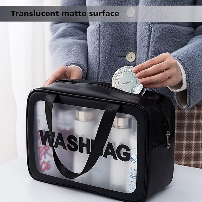 Travel Toiletry Bag for Women and Men, Matte Translucent Shower Bag with Handy Handle, Makeup Cosmetic Organizer Bag for Travel Toiletries Accessories (Black)