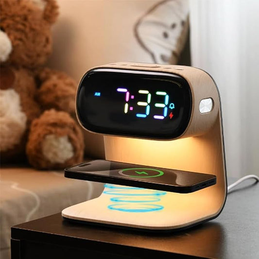 AYI 3in1 Large Color Screen Wireless Charging Station with Alarm Clock & Night Light 15W Fast Charger for Phone & Earbuds 7-Color LED Display Dual Alarm 3Level Dimmable Touch Lamp Wood A40