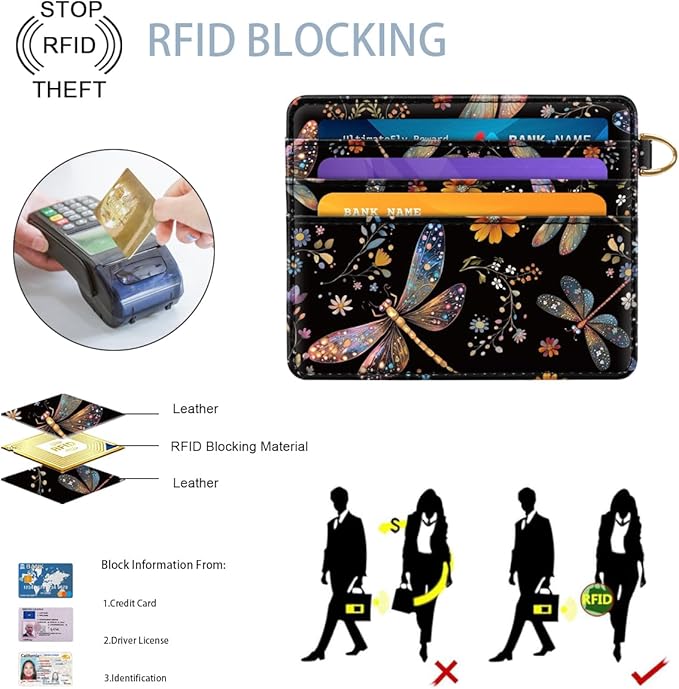 Slim Credit Card Holder Wallet RFID Blocking Minimalist Wallets Lightweight Thin Small Cute Card Case for Women, Dragonfly