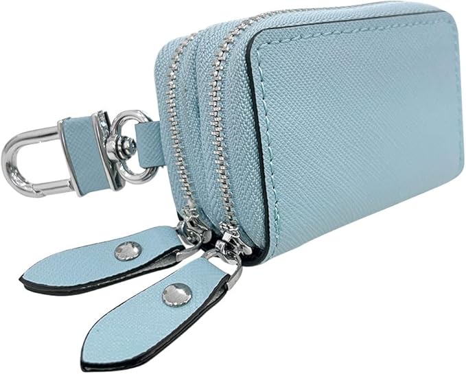 BDZMC Car Key Case, Genuine Leather Car Keychain Holder, 2 Sides Pocket Car Key Fob Zipper Bag, Car Key Case for Women Men(Light Blue)