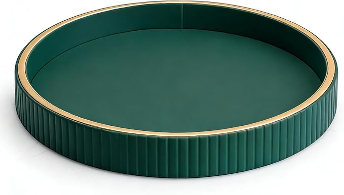 SANZIE Leather Tray Desktop Storage Organizer Premium Serving Tray Decorative Tray Valet Tray for Sundries Cosmetics Keys Phone Wallet Cutlery (Green Disc)