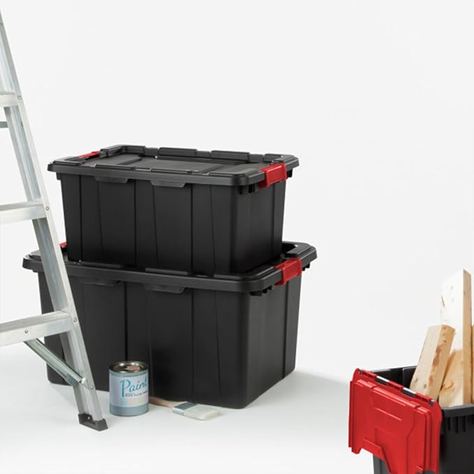 Sterilite 8-Pack Industrial Tote, Plastic Storage Bins with Lids, 27 Gallon, Black - Heavy-Duty Organizing Containers for Closet, Bathroom, and Office