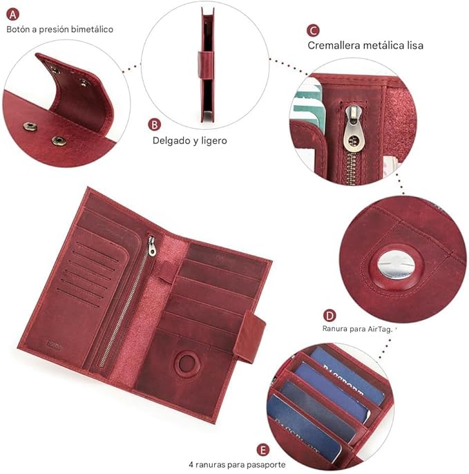 CONTACTS Full Grain Leather RFID Blocking Family Passport Holder for 4 Passport Wallet Compatible with Airtag Travel Passport Cover with 4 Passport Slot, 6 Card Slot (Red)