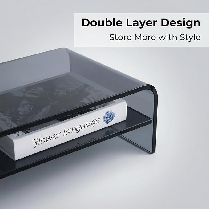 Clear Acrylic 2-Tier Monitor Stand & Desk Organizer - 16"x9.4"x5.5 H Home Office Riser with Keyboard Storage, Fits PC, Laptop, iMac, Printer, TV & Multi-Media Devices (Transparent grey)