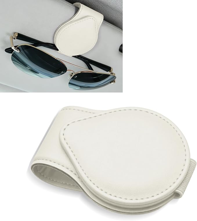 Sunglasses Holders for Car Visor, PU Leather Car Organizer, Magnetic Glasses Holder and Ticket Card Clip, Multi-Functional Auto Sun Visor Eyeglass Holder for Most Vehicles (White)