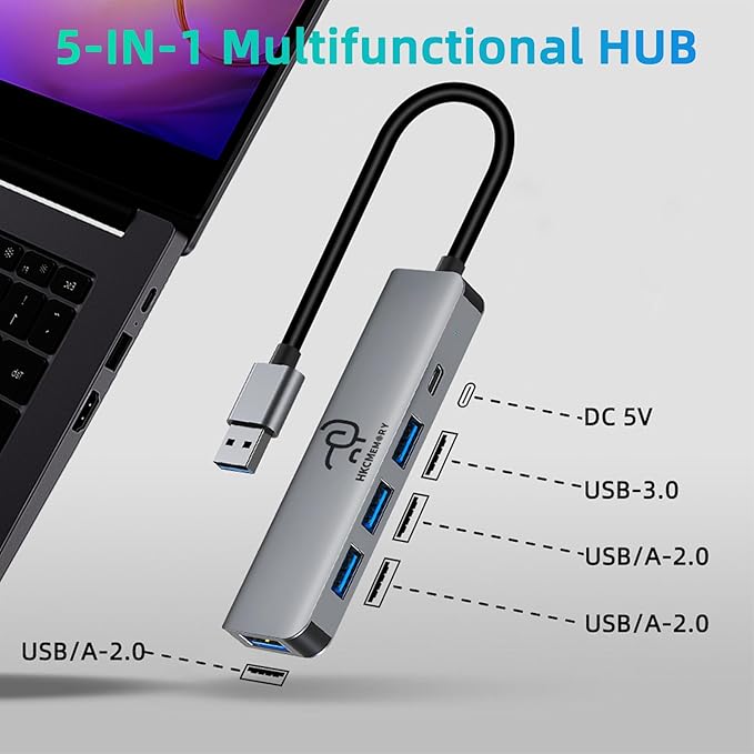 5-in-1 USB A Hub Splitter Adapter, with USB 3.0, USB 2.0 Ports and Type-C Power Delivery,Extender for A Port Laptop, PC, Desktop,PS4/5, Xbox and More
