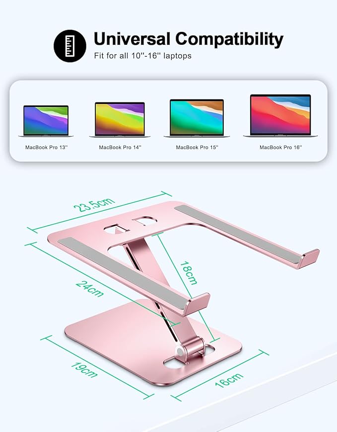 RIWUCT Foldable Laptop Stand, Height Adjustable Ergonomic Computer Stand for Desk, Aluminum Portable Laptop Riser Holder Notebook Mount Compatible with MacBook Pro Air, HP, Dell 10-16"(Rose Gold)