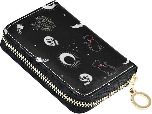 Skull Cat Moon Gothic RFID Credit Card Holder Wallets Accordion for Women Leather Zipper Card Case Accordion Wallet for Ladies Girls