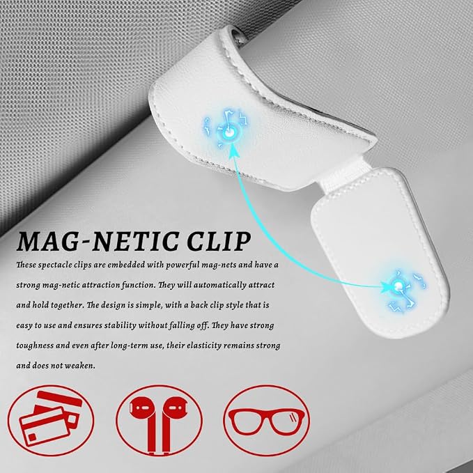 Sunglass Holder for Car, Car Sunglass Holder, Magnetic Leather Sunglasses Holder and Ticket Card Clip, Auto Multi-Functional Sun Visor Eyeglass Holders for SUV Pickup Truck (White)