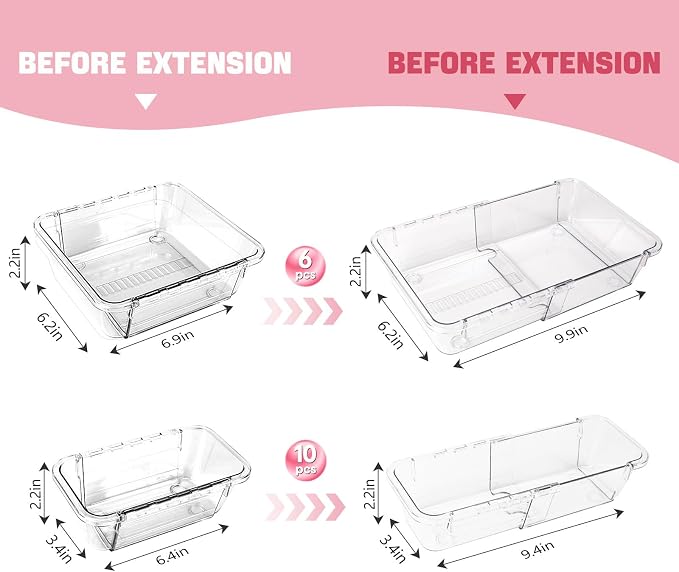 16 PCS Clear Drawer Organizer Set, Expandable Acrylic Vanity Storage Bins, 2 Sizes Adjustable Plastic Junk Drawer Dividers, BPA-Free Non-Slip Stackable Organizers for Makeup, Bedroom, Office & Tools