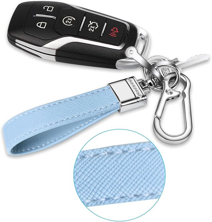 QBUC Genuine Leather Car Keychain,Universal Heavy Duty Metal Key Chain Accessories,Car Fob Key Keychain Holder with 360 Degree Rotatable Snap Swivel and Anti-Lost D-Ring for Men Women(Light Blue)