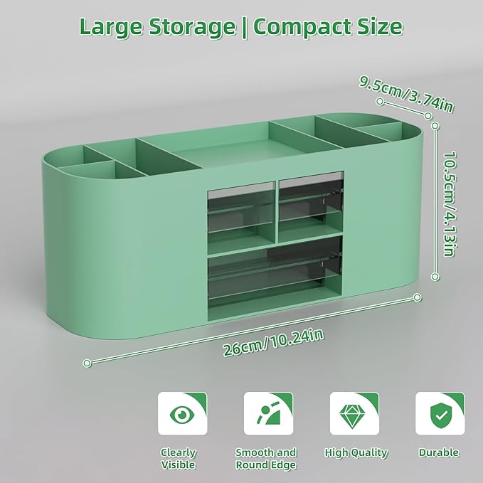 Marbrasse Desk Organizer Pen Holder for Desk with 3 Drawers, Multi-Functional Pencil Holder, Desk Organizers and Accessories with 7 Compartments for Home, School, Classroom(Green)