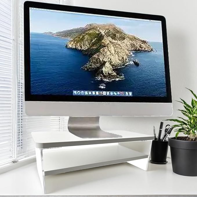 TINOMAR Monitor Stand Riser, 2 Tier Wood and Acrylic Computer Monitor Stand Riser for Desk for iMac, PC, Laptop, Ergonomic White Monitor Stand for Home and Office, 15.75 Inch