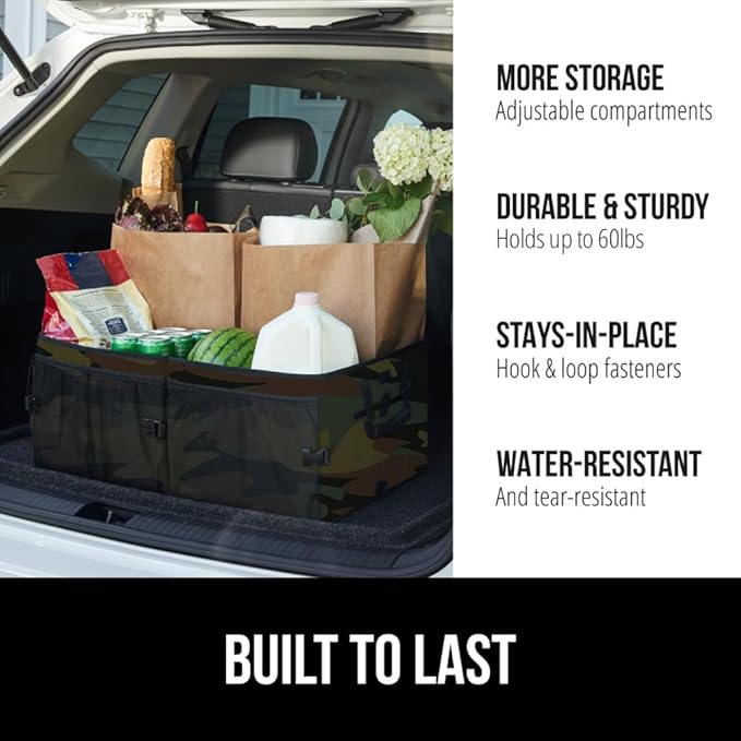 GORILLA GRIP Large Capacity Sturdy Trunk Storage Organizer, Slip and Water Resistant Collapsible Organization Container for Car Sedan or SUV, Multi Compartment Box Vehicle Accessories, Camo