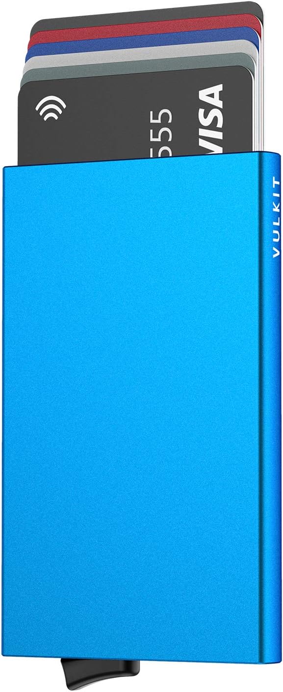 VULKIT Pop Up Wallet, Slim Minimalist Credit Card Holder For Men and Women RFID Blocking Mini Metal Case Blue