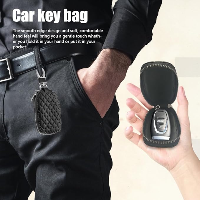 Key Fob Cover with Keychain, Key Fob Holder, Anti-Scratch Bag with Zipper, Leather Keychain Case Holder Fit Remote Key (Black)