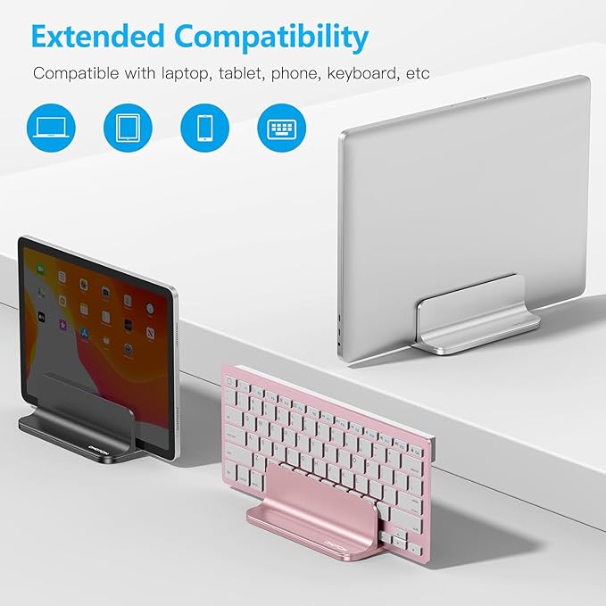 OMOTON Vertical Laptop Stand Holder, Desktop Aluminum Stand for MacBook with Adjustable Dock Size, Fits All MacBook, Surface, Chromebook and Gaming Laptops (Up to 17.3 inches), Rose Gold
