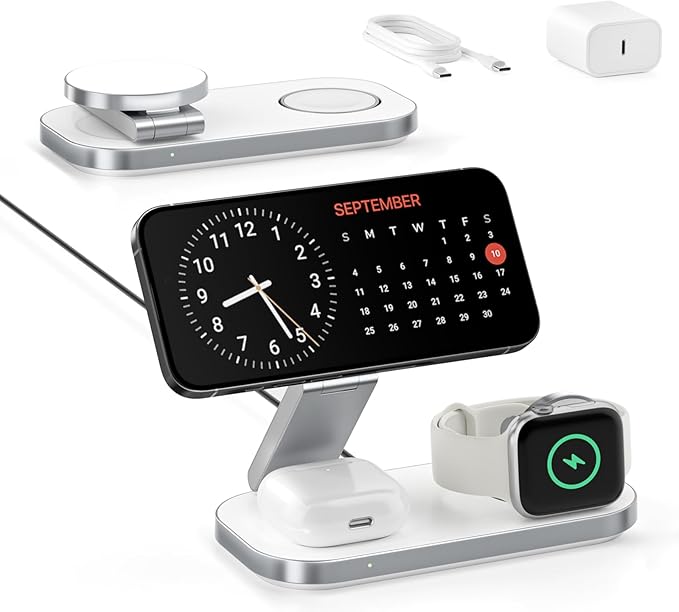 Keepro 3-in-1 Charging Station for Apple Device, Foldable Magnetic Wireless Fast Charger Stand Compatible with MagSafe for iPhone 17e/17/16/15/14/13/12/Air Series, Apple Watch & AirPods-White