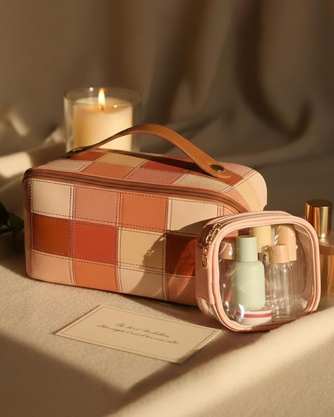 Travel Makeup Bag Organizer with TSA Approved Clear Pouch, Large Capacity Cosmetic Case with 180° Wide Open Design, Portable Toiletry Bag with Dividers for Brushes & Toiletries