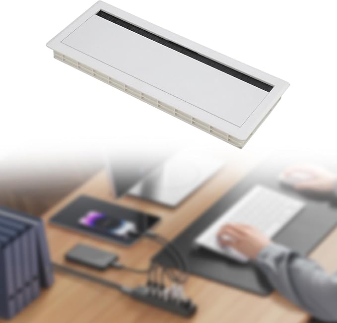 Cable Box Wire Organizer Cable Management Box Wire Holder Flip Brush Aluminum Alloy PP Dustproof Embedded Design Suitable for Office Desk, White