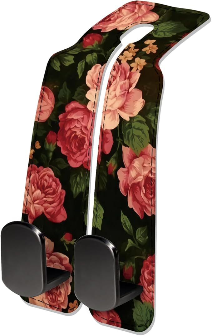 Car Seat Headrest Hook, Universal Leather Cute Hanger Holder Hook, Storage Organizer Interior Accessories for Purse Bags Handbag Cute Red Flowers