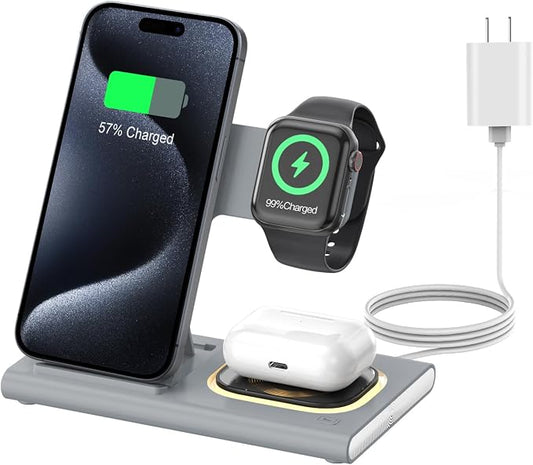 3 in 1 Charging Station for iPhone 17 - Wireless Charger for Apple Products for iPhone 17 16 15 14 13 12 11 Pro Max - Foldable Wireless Charging Station Dock Stand for iWatch Series & AirPods(Gray)