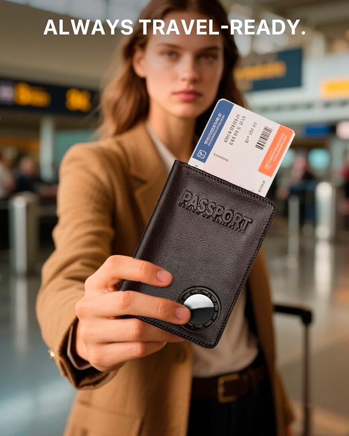 Passport Holder for Travel, Genuine Leather Passport Holder with AirTag Slot, RFID Passport Cover for Airport Essentials, Travel Wallet, Travel Must Haves Gifts