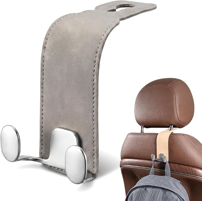 Car Purse Hook, Leather Headrest Hooks for Car, Heavy Duty Car Hooks, Universal Purse Holder for Car Seat, Vehicle Organizer Hanger for Handbag Grocery Bag Backpack Coat (Grey-1set)