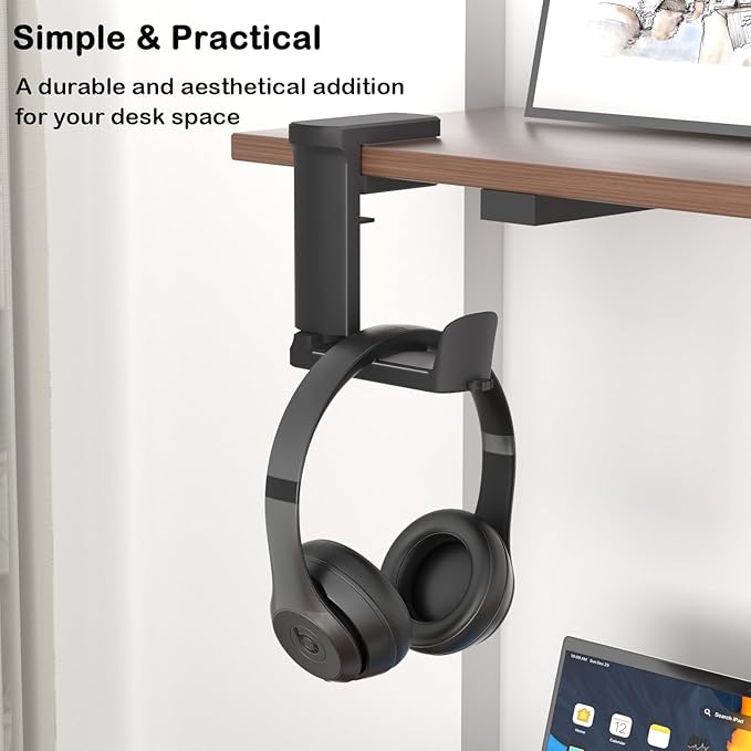 Headphone Hook - Adjustable Clamp-on Headphone Holder, Under Desk Gaming Headset Holder Mount Hook with Rotating Clamp (Black)