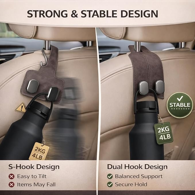 Premium Leather Car Headrest Hooks for Purses, 2 Pack Heavy Duty Car Seat Hooks, 360° Rotatable Back Seat Hanger Organizer, Metal Car Hooks for Bags, Groceries, Handbags (2, Brown)