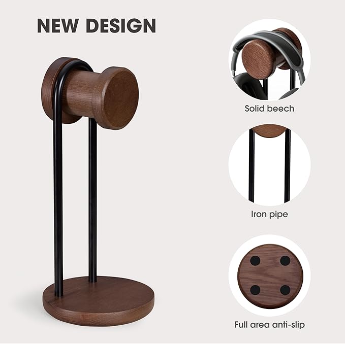 Fenge Headphone Stand for Desk, Nature Wood & Metal Headphone Holder with Storage Base, Desktop Headset Stand for Gaming Universal Headphones, Walnut