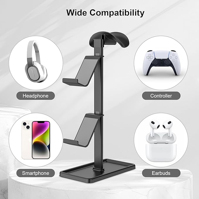 Controller Holder, Headphone Stand, Gaming Controller Stand for Xbox PS5 PS4 Switch, Headset Holder with Storage Organizer, Universal Desk Game Accessories (Black)