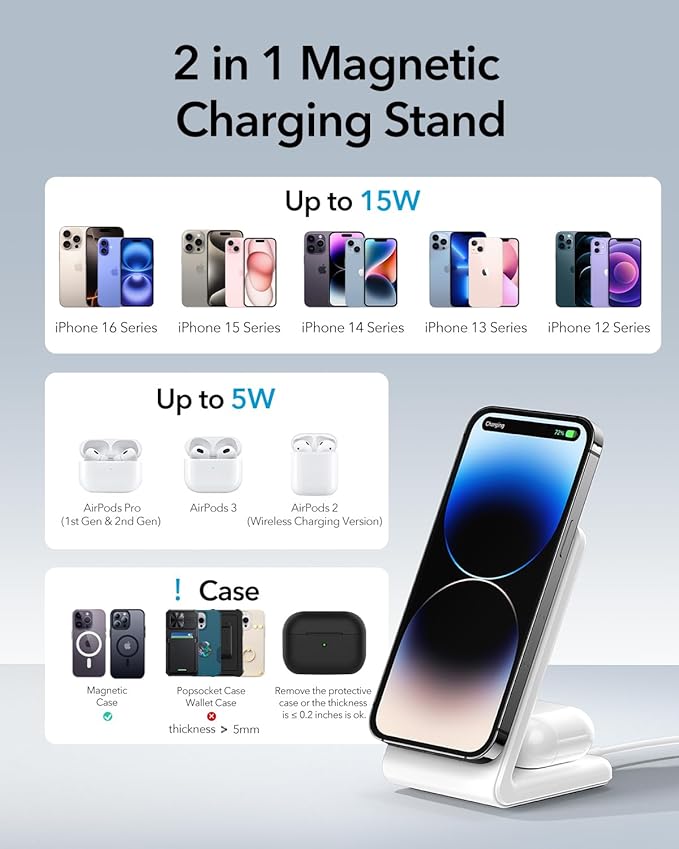 2-in-1 for Magsafe-Compatible Charger Stand with PD 20W USB-C Charger Block & Cable, Fast Charging Wireless Charger Designed for iPhone 17 Pro Max/16/15/14/13/12, AirPods 4/3/Pro 3/Pro 2/Pro, White