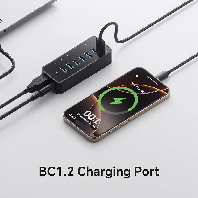 Powered USB 3.0 Hub, 7-Port USB Data Hub with 1 BC1.2 Port and 36W Power Adapter, USB Splitter for Laptop, PC, Desktop, External HDD, and Mobile Devices