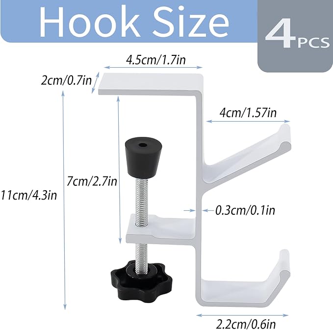Desk Mount Bag Holder Hook Clamp,On Backpack Hanger Portable Desk Mount Headphones Holder for Reduce Desk Clutter Table Desk Table Hanging Storage (4 Pcs-Double Hook White)