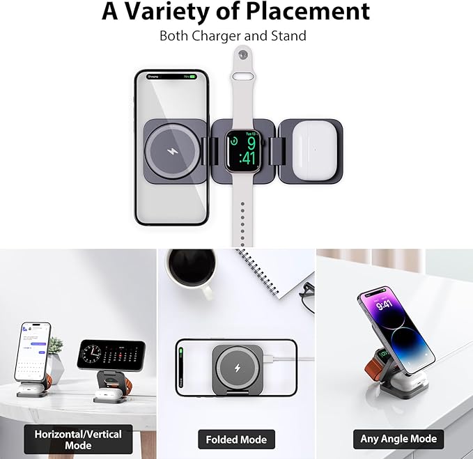 KU XIU Fast Wireless Charger, Magnetic Foldable 3 in 1 Charging Station for iPhone 16/15/14/13/12/Pro/Plus/Pro Max, 5W Portable Charger for Apple Watch9/8/7/6/5/4/3/SE, for Airpods3/2/Pro-Gray