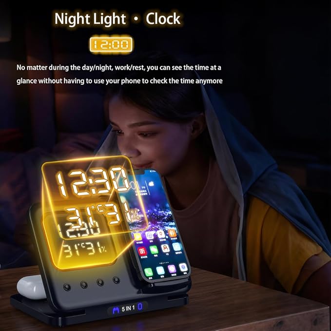IHAO 5in1 Multi Functional Wireless Charging Station Digital Clock 15W Fast Charging Temperature Display Wireless Charger for All Qi Phone and TWS Headphone Compliant with Apple Watch-DH15 Black