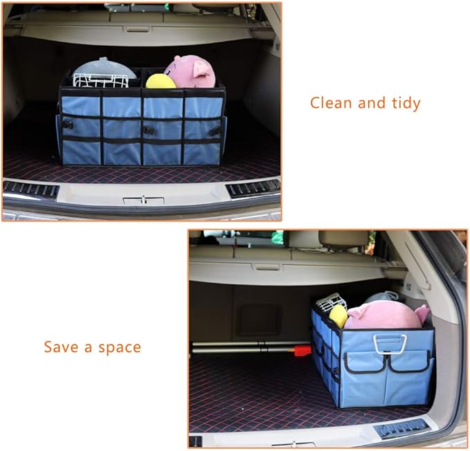 Car Trunk Organizer Collapsible Portable Multi Compartments Organizer with Non Slip Straps for SUV Truck Auto Vehicle Car Auto Minivan(Large without cover, Blue)