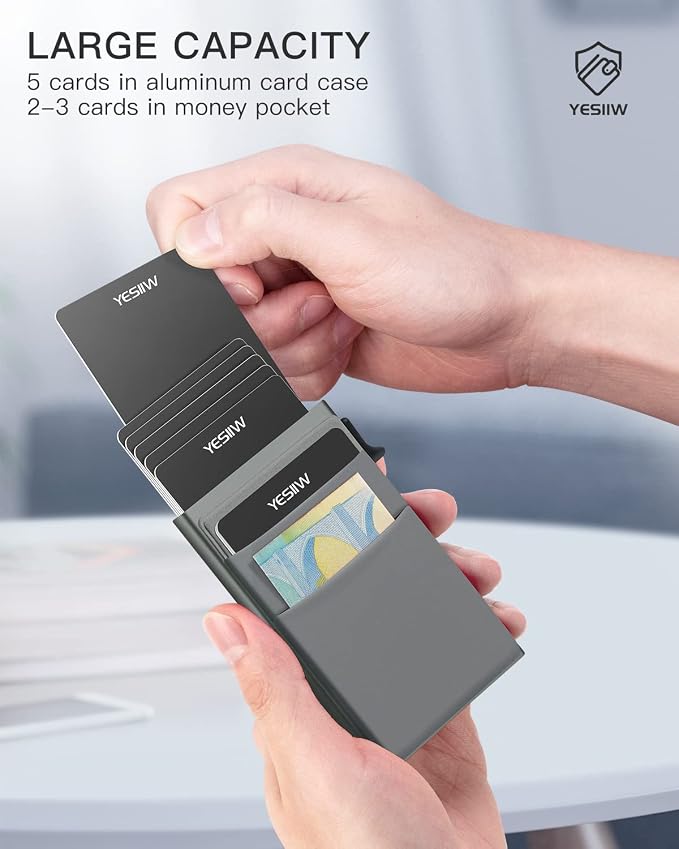 YESIIW Auto Pop up Credit Card Holder with Money Pocket Minimalist Business Card Wallet RFID Blocking for Men Smart Slim Aluminum Metal Debit Card Case Gifts For Dad Fathers | Space Grey