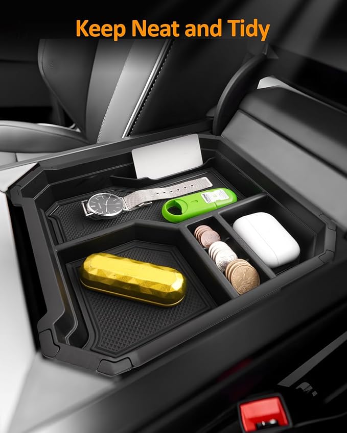 CDEFG Double Layers for 2024 2025 Tesla Cybertruck Center Console Organizer Tray for Cyber Truck 2024 2025 Accessories Armrest Storage Box Insert Tray for Cybertruck Arm Rest Middle Organizer