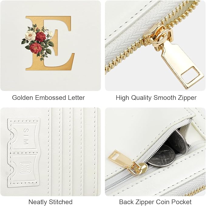 Passport Holder for Travel Personalized Passport Holder Initial Letter Rose Flower RFID Blocking Travel Wallets Credit Cards Holder for Women Men, White E