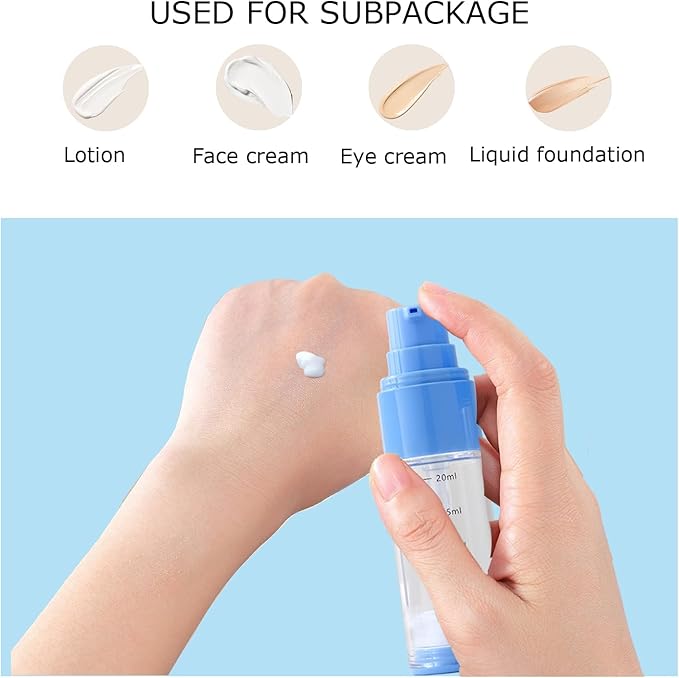 0.7oz/20ml Travel Airless Pump Bottles, 5 Pack Refillable Vacuum Cosmetic Containers with Clear Organizer Case & Labels, Small Lotion Dispenser Bottles for Skincare, Toiletries & Cosmetics