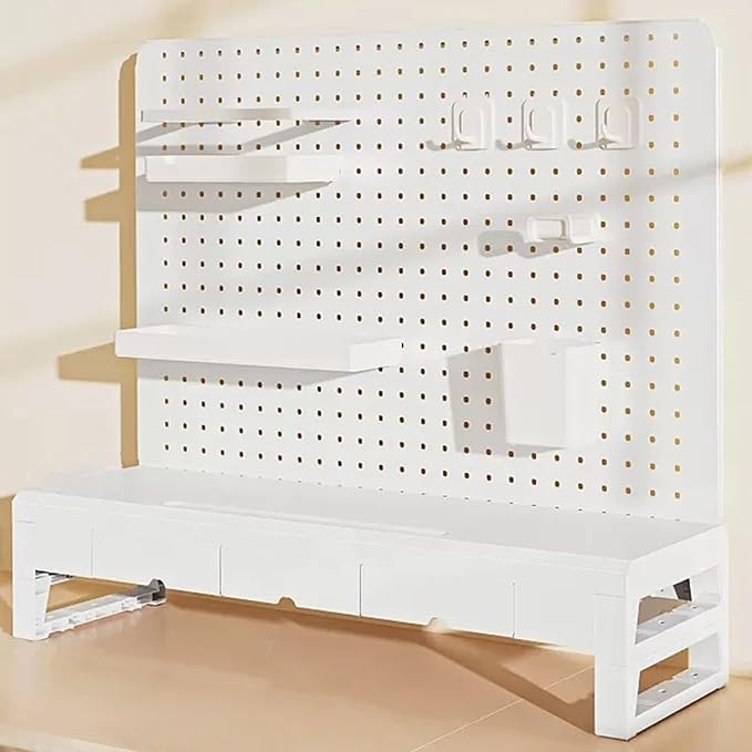 Desk Shelves, Desk Pegboard, Monitor Stand with 3 Drawers, for Gaming & Office, Standing Desk Accessories, for Laptop, Computer(White)