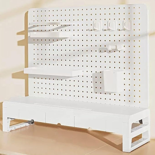 Desk Shelves, Desk Pegboard, Monitor Stand with 3 Drawers, for Gaming & Office, Standing Desk Accessories, for Laptop, Computer(White)