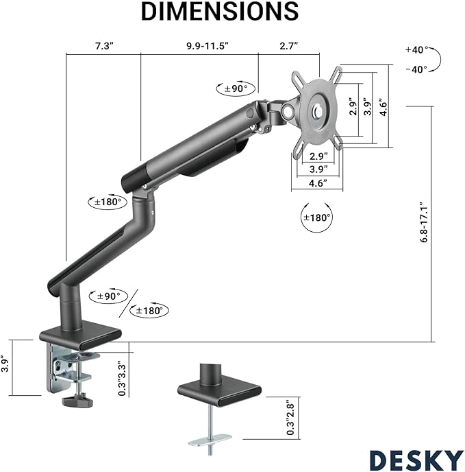 Desky Single Slim Monitor Arm ??Adjustable Desk Mount with Gas Spring, VESA 75/100, 360° Rotation, Cable Management, Fits Monitors Up to 32", 19.8 lbs Capacity (White)