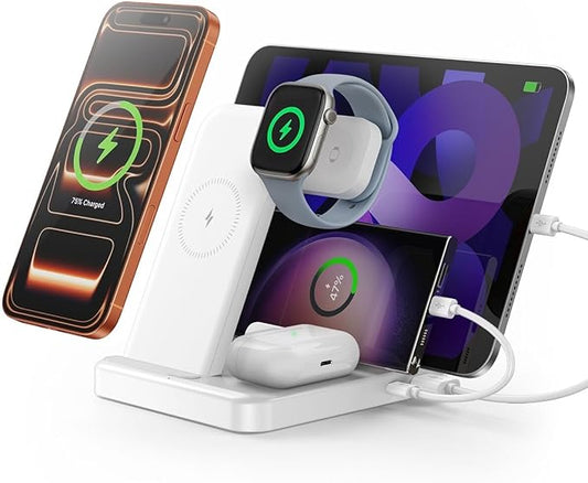 Multiple Devices Charging Station, 5-in-1 Charging Station for iPhone 17 Pro Max/Pro/16/15/14/13/12, iPad Pro/Air/Mini, Apple Watch and Airpods,Wireless Charging Dock(G805) (White)