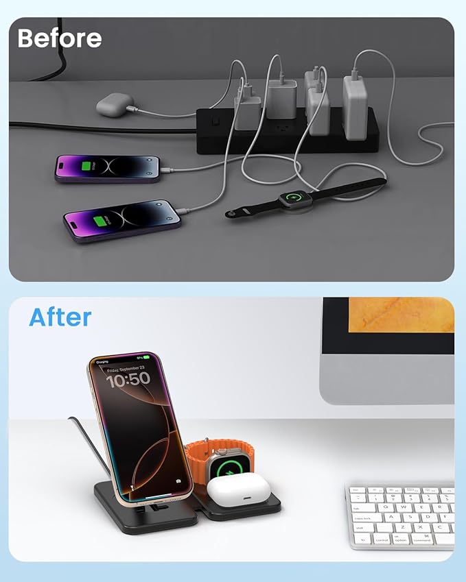 Charging Station Magnetic for iPhone Mag-Safe: JoyGeek 3 in 1 Foldable Wireless Charger for iPhone 17-12 Pro Max Plus, Travel Charger for AirPods, A-pple Watch 11-2 Series
