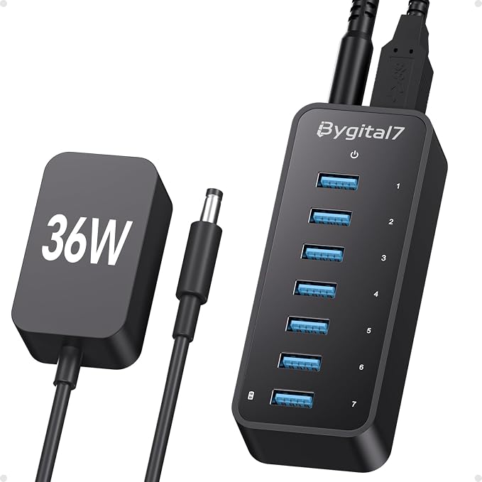Powered USB 3.0 Hub, 7-Port USB Data Hub with 1 BC1.2 Port and 36W Power Adapter, USB Splitter for Laptop, PC, Desktop, External HDD, and Mobile Devices